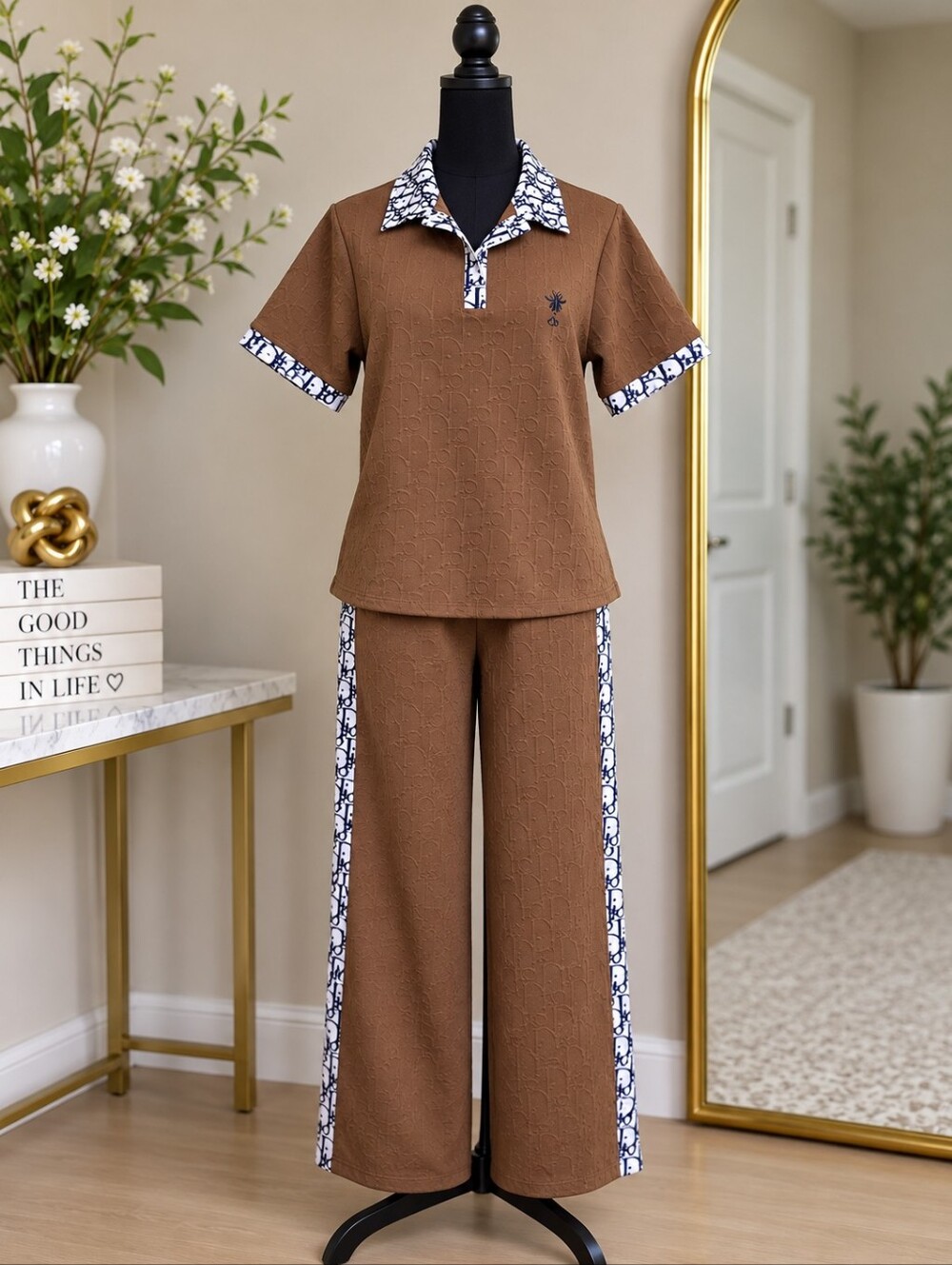 NEW Brown Embossed 2Pc Wide Leg Pants Set S-L White Navy